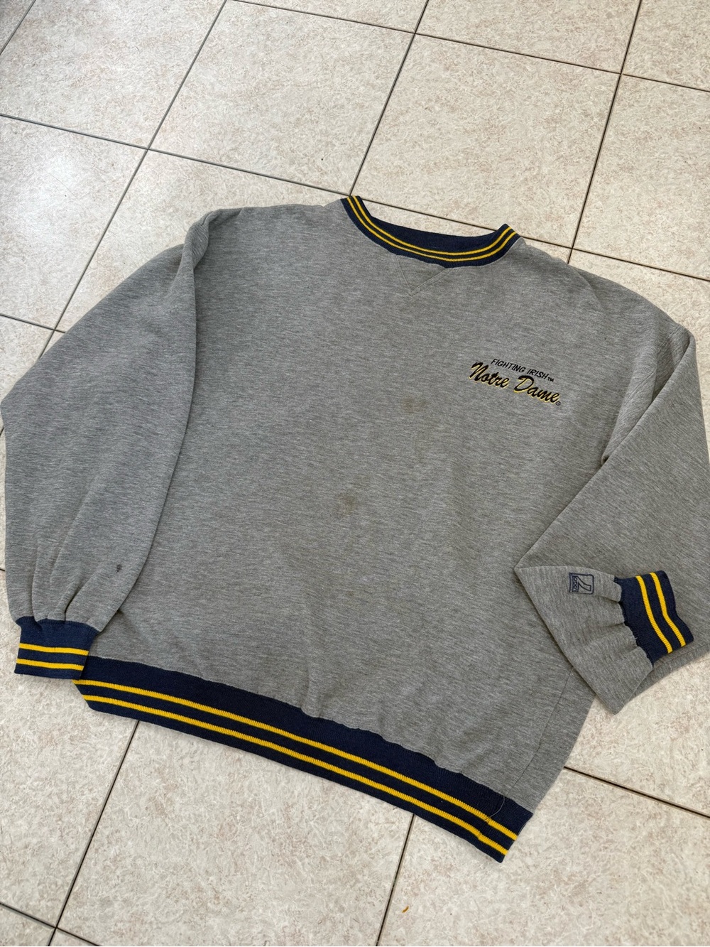 Notre Dame Vintage LOGO 7 Grey Crewneck Sweater with Navy & Gold Trim